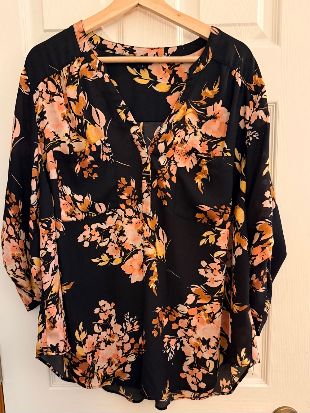 torrid Black Floral Split-Neck Blouse with Peach and Yellow Blooms